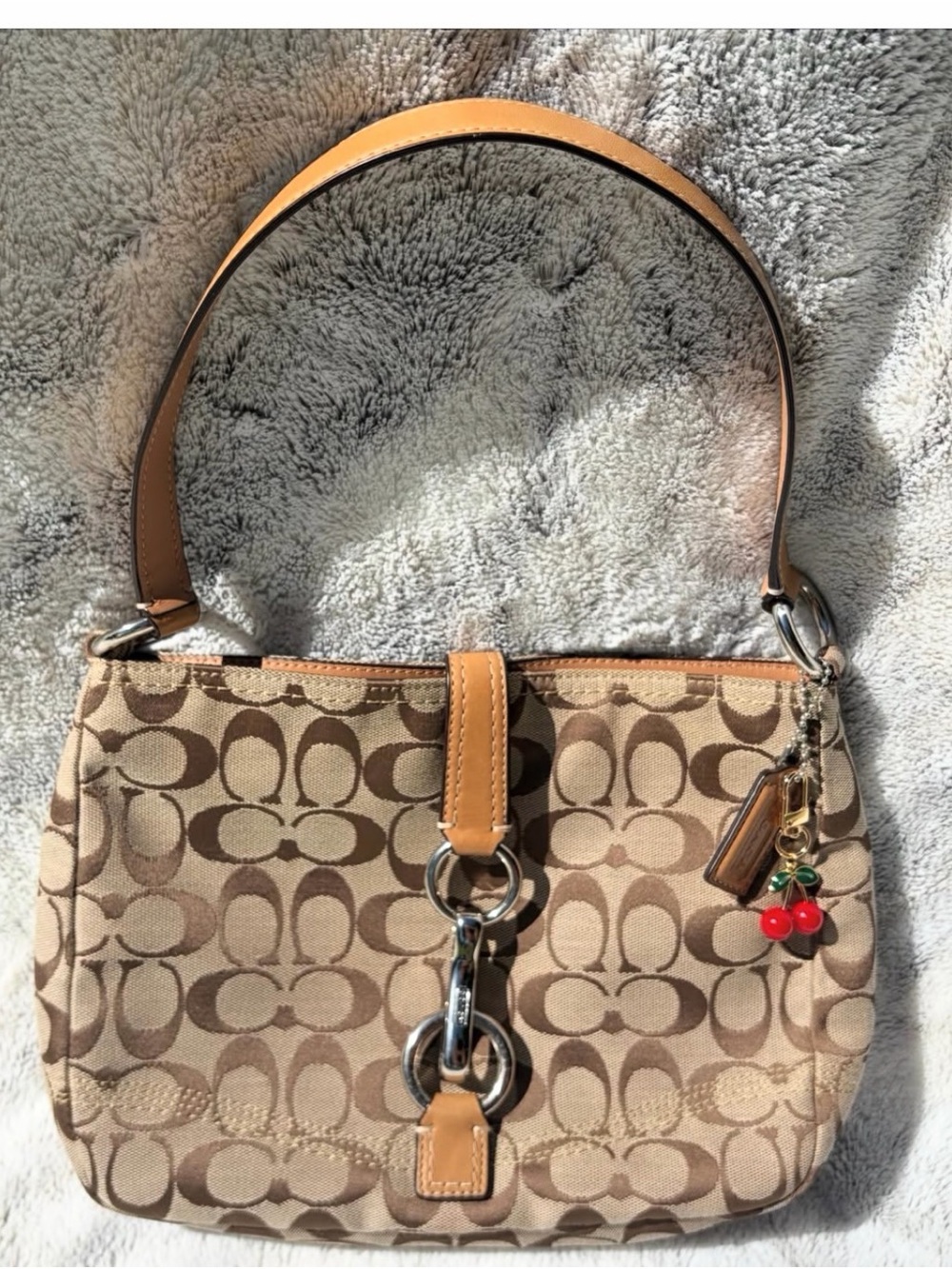 Coach Brown Signature Canvas Shoulder Bag with Tan Leather Trim